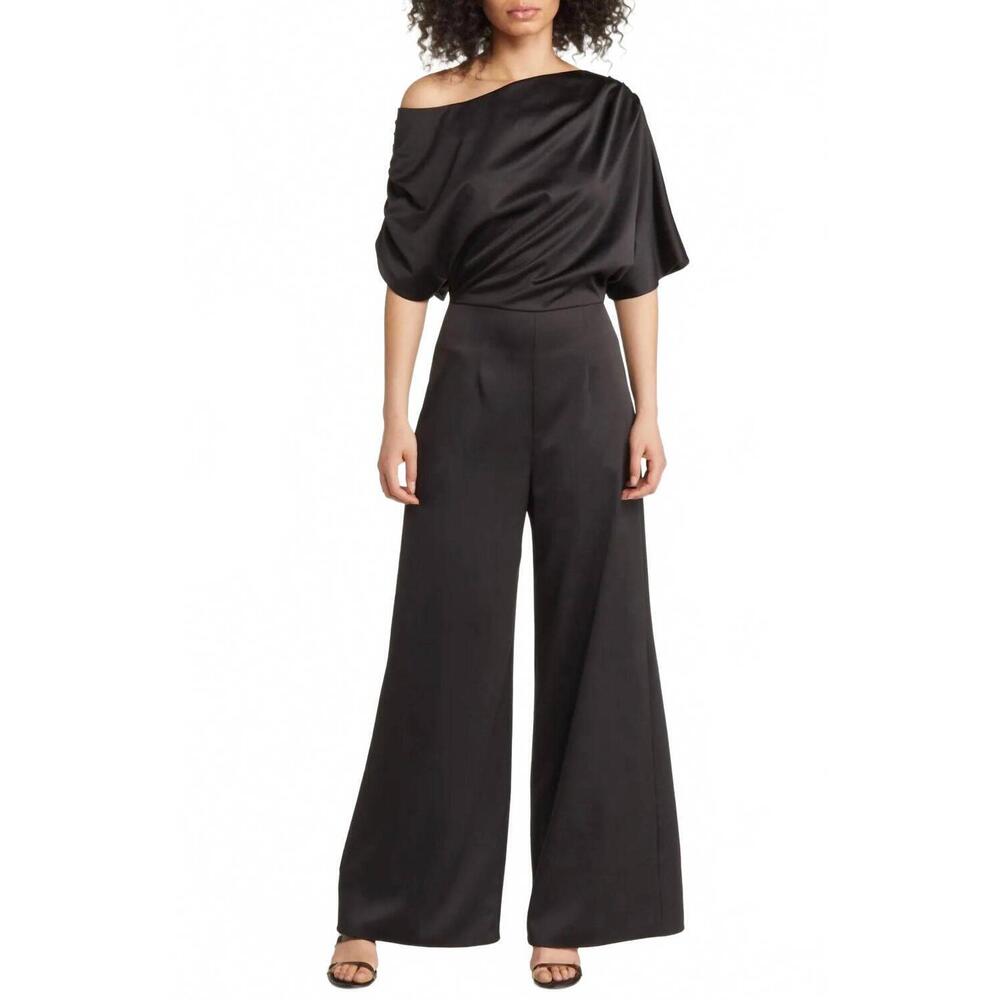 NEW ELLIATT amari off shoulder wide leg satin jumpsuit in black